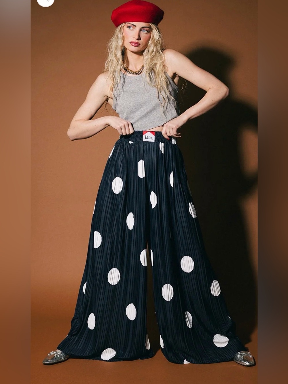 Dressed in LALA Total Knock Out Pleated Boxer Pants in Polka Dot Medium
